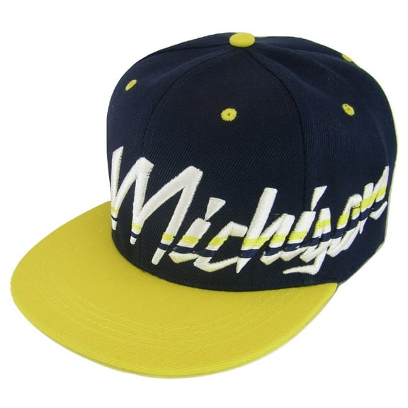 Michigan Offset Jagged Script Adult Size Adjustable Snapback Baseball Cap (Navy/Gold)