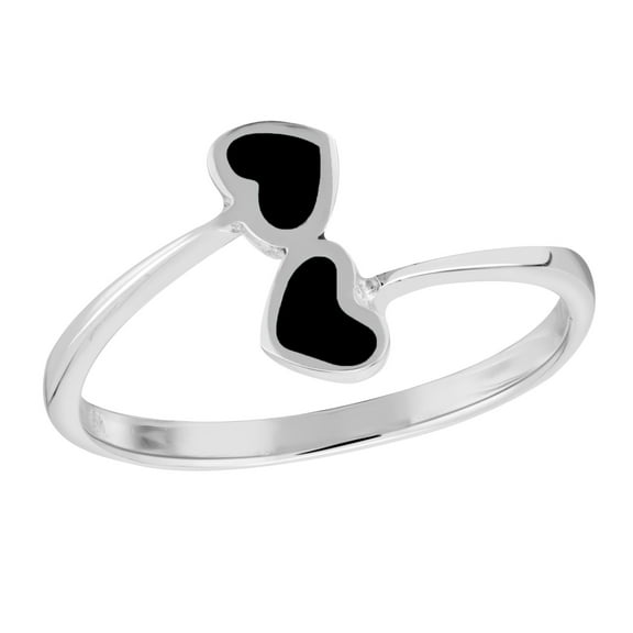 Charming Entwined Twin Hearts Black Onyx Sterling Silver Band Ring for Female Anniversary Size-7