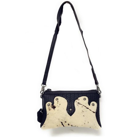 - Western Womens Genuine Leather Cowhide Fur Basketweave Crossbody Bag