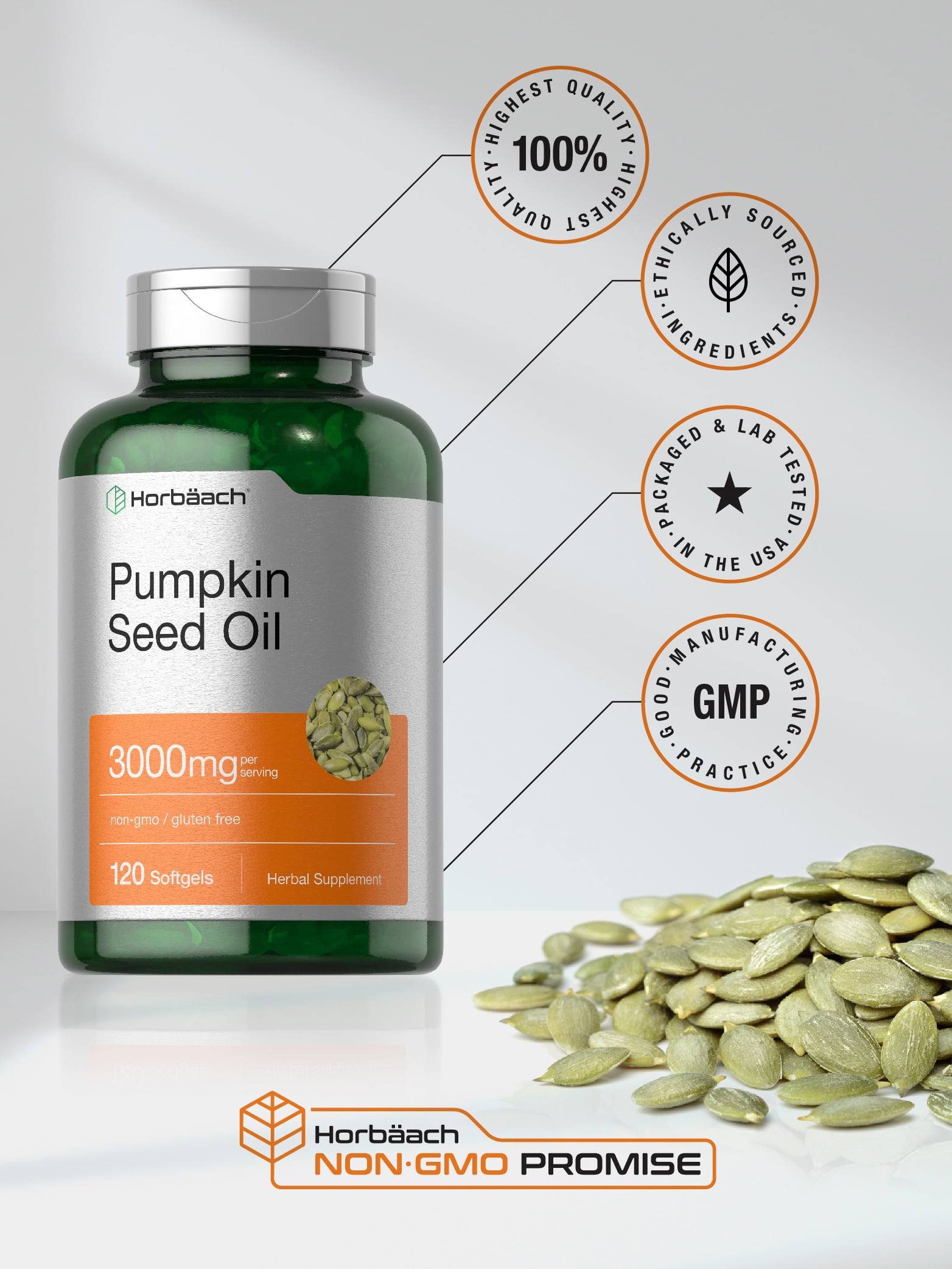 Pumpkin Seed Oil | 3000mg | 120 Softgel Capsules for Men and Women | by Horbaach