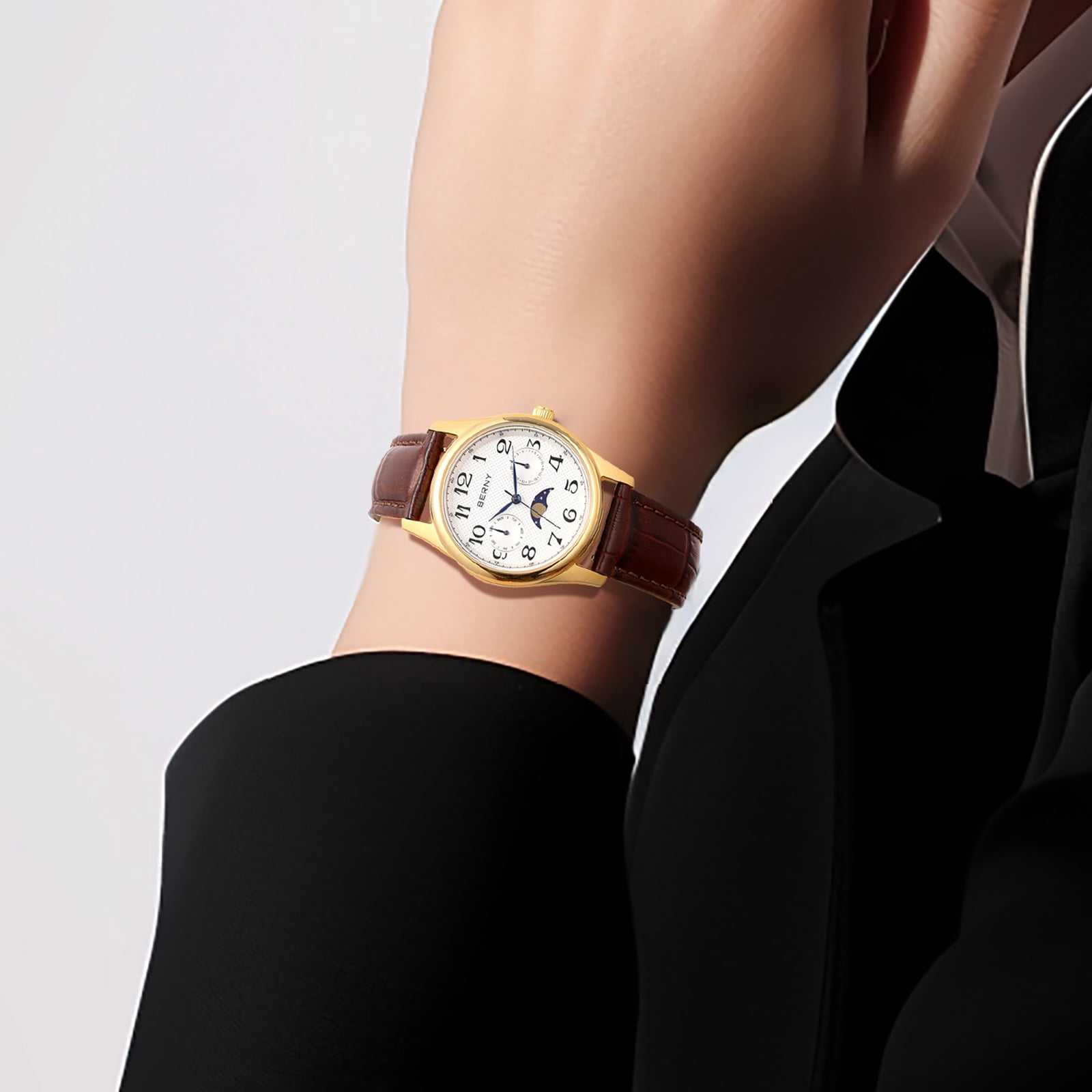 BERNY Dress Watches for Women, MultiFunction Leather Watch with Moon Phase, Day & Date Calendar, Stainless Steel Case, Easy to Read, Waterproof, Ladies Analog Quartz Wrist Watch (Gold)