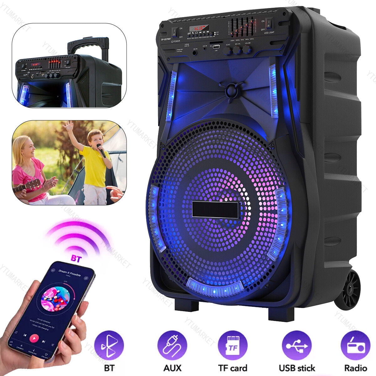 12'' Woofer Heavy Bass Bluetooth Speaker Portable Party PA Sound System Mic LED FM AUX Handle Wheels