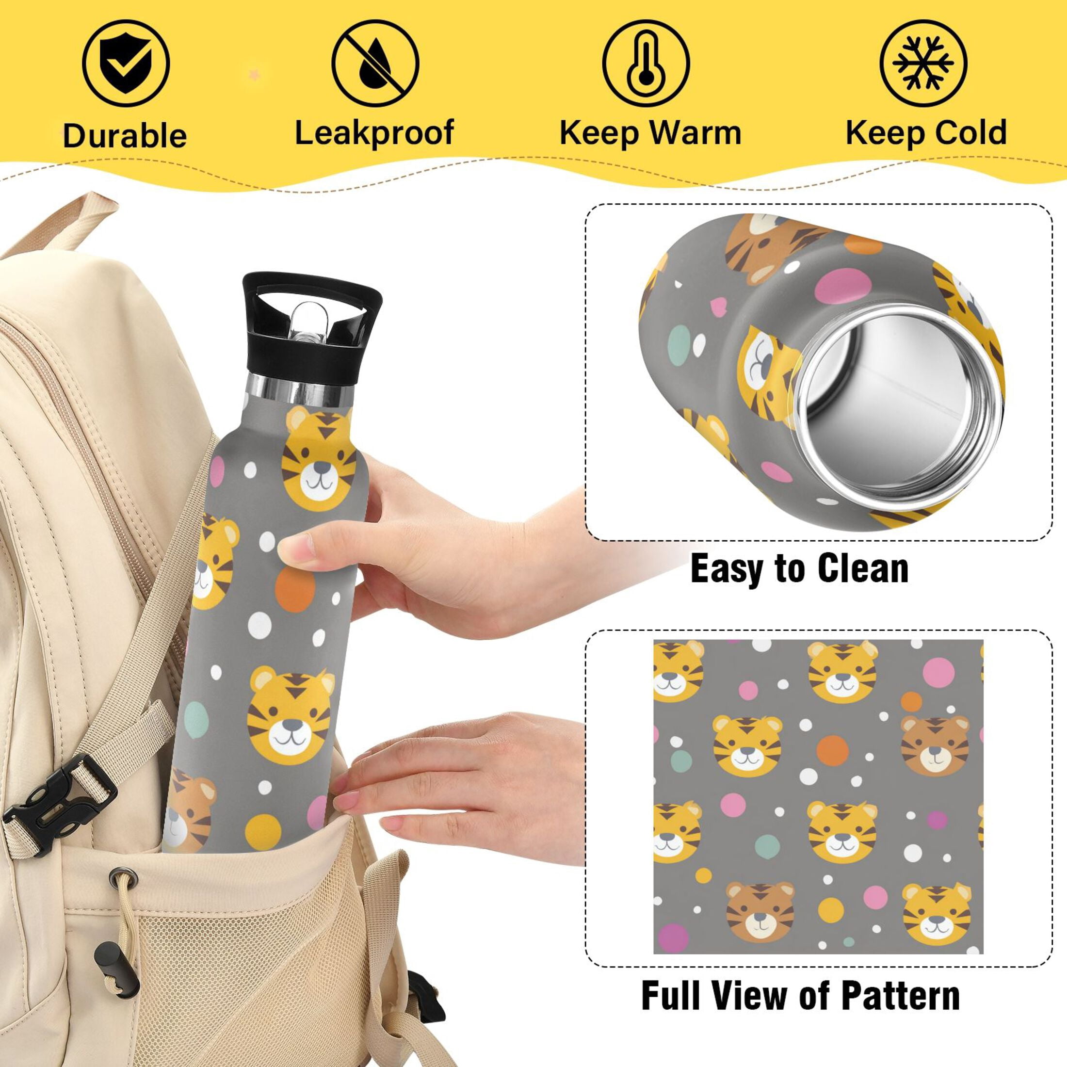 Kids Insulated Stainless Steel Sports Water Bottle 600ml Cute Tiger Face Pattern