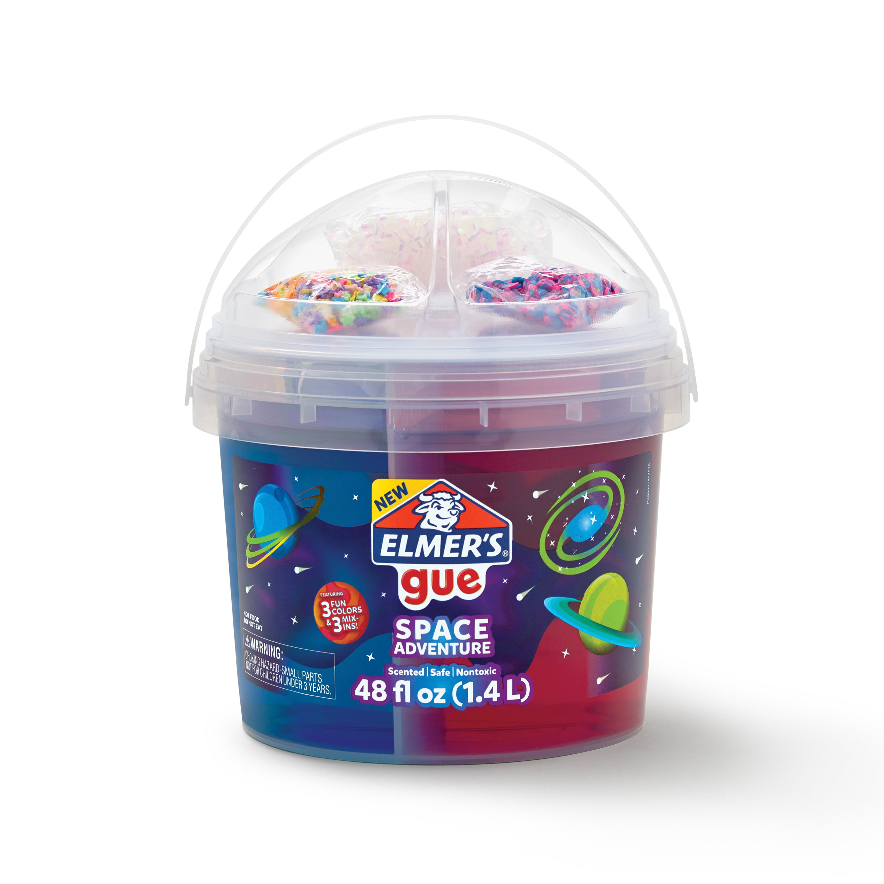 Elmer’s Gue Premade Slime Bucket, Space Adventure Theme, 3 lb. Bucket with 3 Types of Slime and 3 Sets of Add-Ins, Multi Color