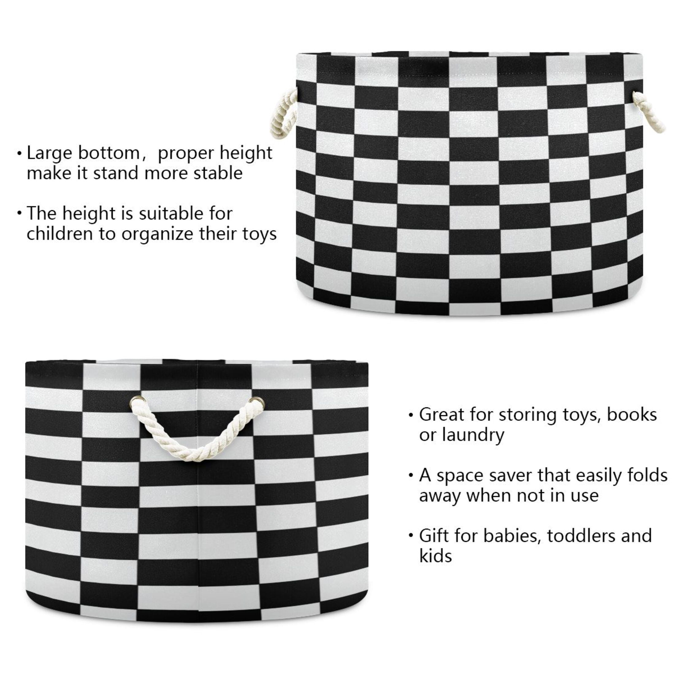 RMDQTR Round Toy Storage Basket Foldable Storage Basket for Home Decor Laundry Basket20" x 14" Classic Black-and-white Checkered Pattern
