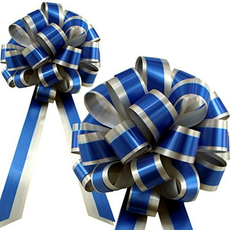 Royal Blue & Silver Striped Wedding Pull Bows with Tails for Church Pews and Chairs - 8
