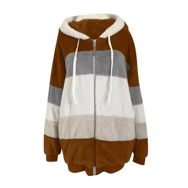 Fuzzy Fleece Coat for Women Winter Long Sleeve Full Zip Oversized Hooded  Jackets Casual Sherpa Solid Color Pocketed Outwear