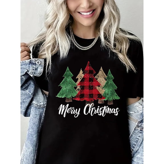 Merry Christmas T-Shirt Women Christmas Tree Graphic Casual Short Sleeve Holiday Top