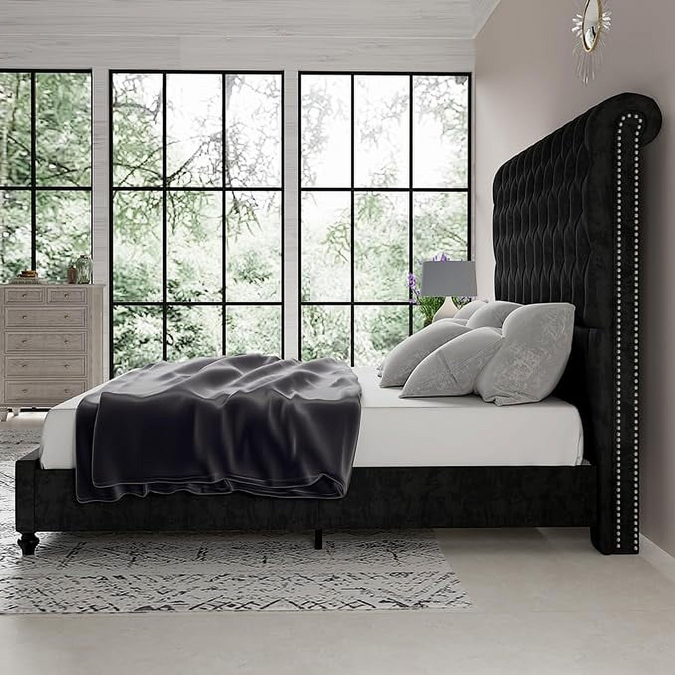 Merluxy King Bed Frame with 59.1" Sleigh Headboard,Velvet Upholstered,No Box Spring Needed,Black
