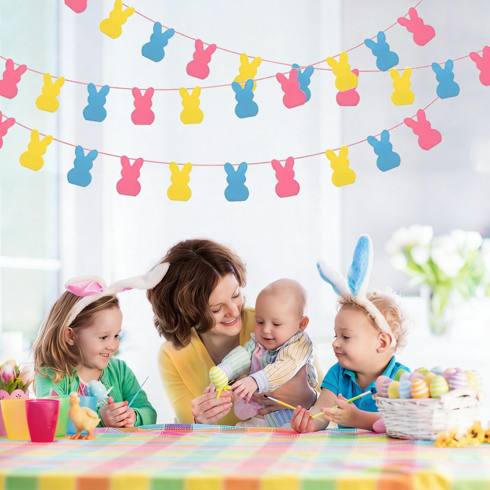 Easter Garland with Adjustable Rope - Heart and Bunny Spring Bunting for Door Mantel Party Decor, Reusable Easter Home & Table Decoration