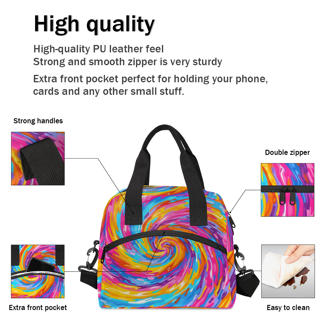Herdesigns Tie Dye Colorful Boho Rainbow Insulated Lunch Bag for Women Men Adults Large Reusable Lunch Box Leakproof Portable Cooler Tote Bags with Adjustable Shoulder Strap