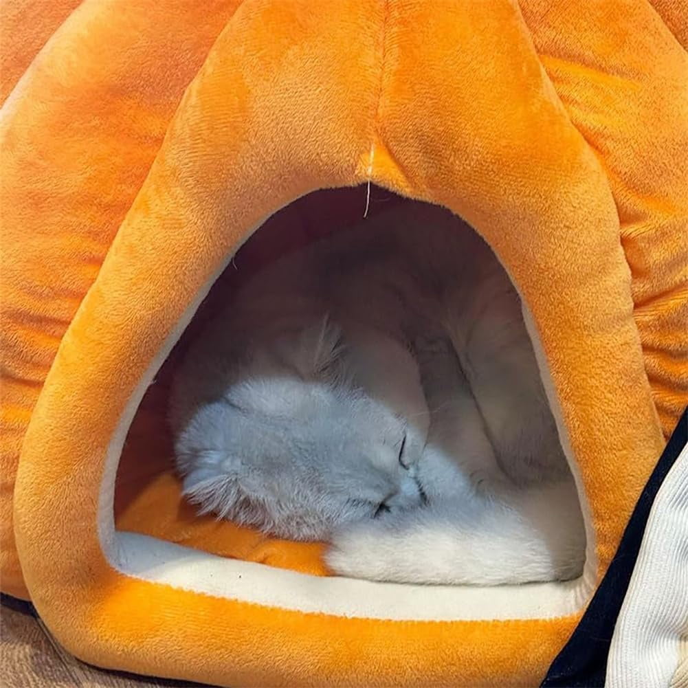 Pumpkin-Shaped Cat Bed with Removable Cushion, Cozy Cat Cave Tent for Indoor Cats, Cute Feline House for Small Pets