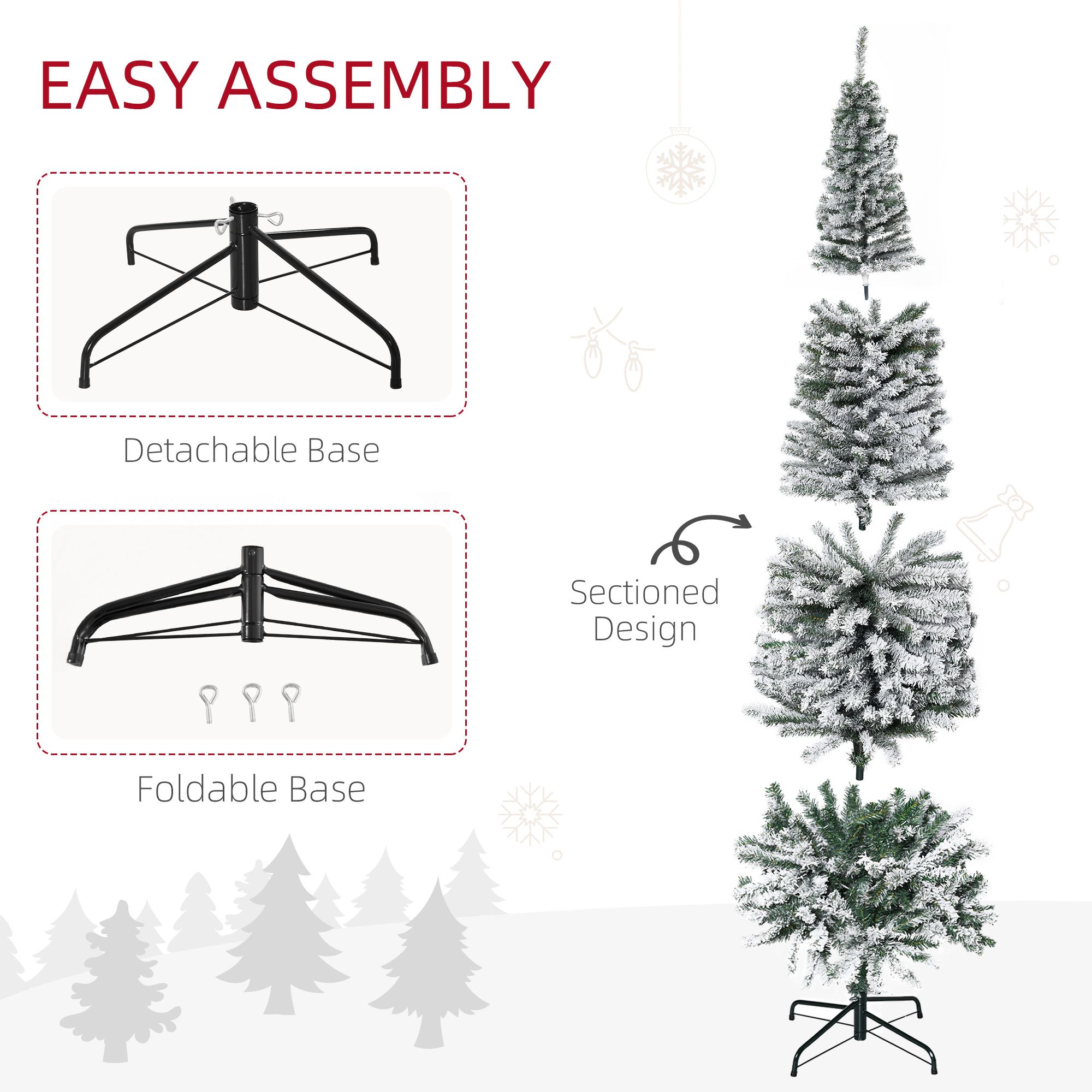 7.5 ft Snow-Flocked Slim Artificial Christmas Tree with 738 Tips, Pencil Shape, Metal Base, Indoor Holiday Decor