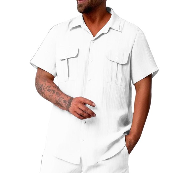 LNWUY Mens Linen Shirts Short Sleeve Lapel Button Down Shirts Cotton Summer Beach Shirts Vacation Hawaiian Shirts with Pockets White M