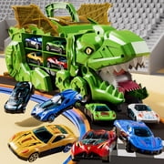 Dinosaur Transport Truck Toy Green with 10 Mini Die-Cast Cars, Dinosaur Storage Carrier with Wheels & Handle, Interactive Dinosaur Playset for Boys Kids Ages 3+ Birthday Christmas Gifts