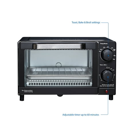 Mainstays 4-Slice Countertop Toaster Oven with 3 Settings, Includes Baking Rack and Pan, Black, New