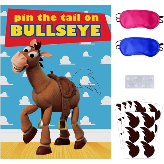 Toy Inspired Stories Party Supplies, Pin The Tail on The Bullseye Party Game, Large Poster 24PCS Reusable Tail Stickers for Birthday Party, Toys 4th Party Favors
