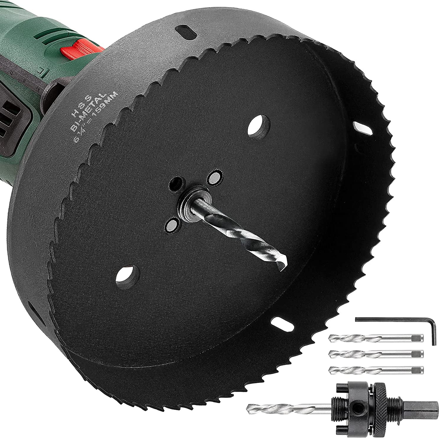 FYBTOF 6 1 4 Inch Hole Saw with Heavy Duty Arbor 159 mm Hole Saw HSS Bi Metal Saw Drilling Tool 6.25 Inch Hole Cutter for Cornhole Wood Plasterboard Plywood Plastic Thin Metal Matte Black 1201