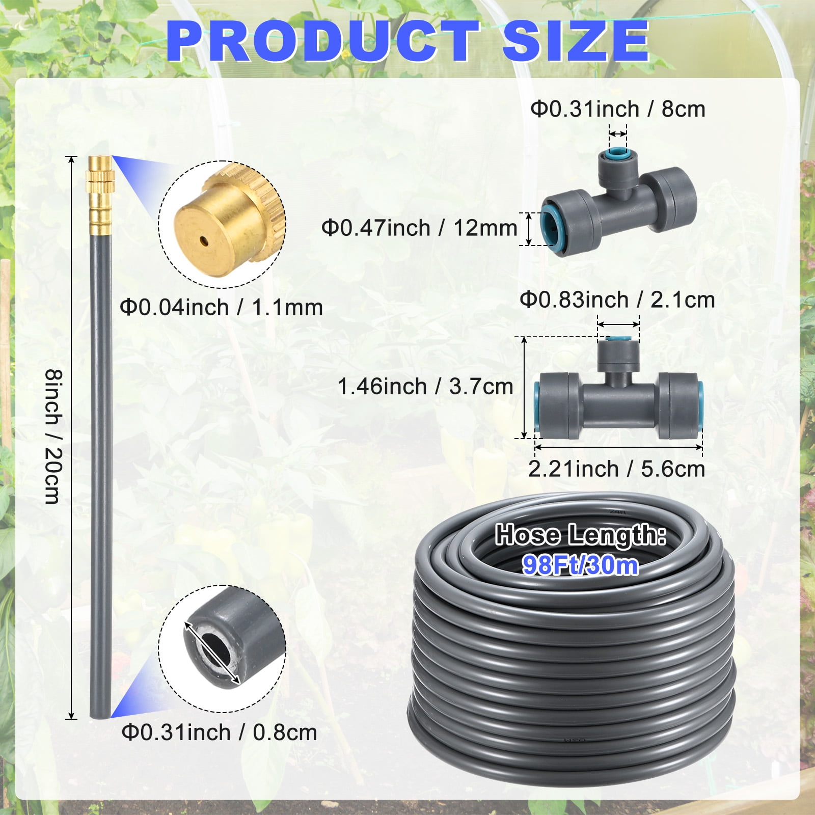 Uxcell 1-Set Drip Irrigation System, 98Ft 1/2" Hose Garden Watering Misting System with 30pcs 360° Adjustable Copper Nozzles