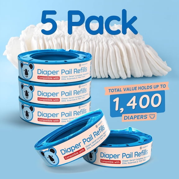 Diaper Pail Refill Bags, Compatible with Genie Complete, Expressions (5 Pack) | Pail Refills Unscented | Odor Blocking, Strong, Easy Replacement | Holds up to 1,400 Newborn Diapers