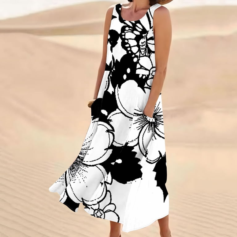 Fancifize Women Linen Sleeveless Dresses Crew Neck Loose Plain Long Maxi Casual Dress with Pockets Womens Floral Print Flowy Beach Dresses