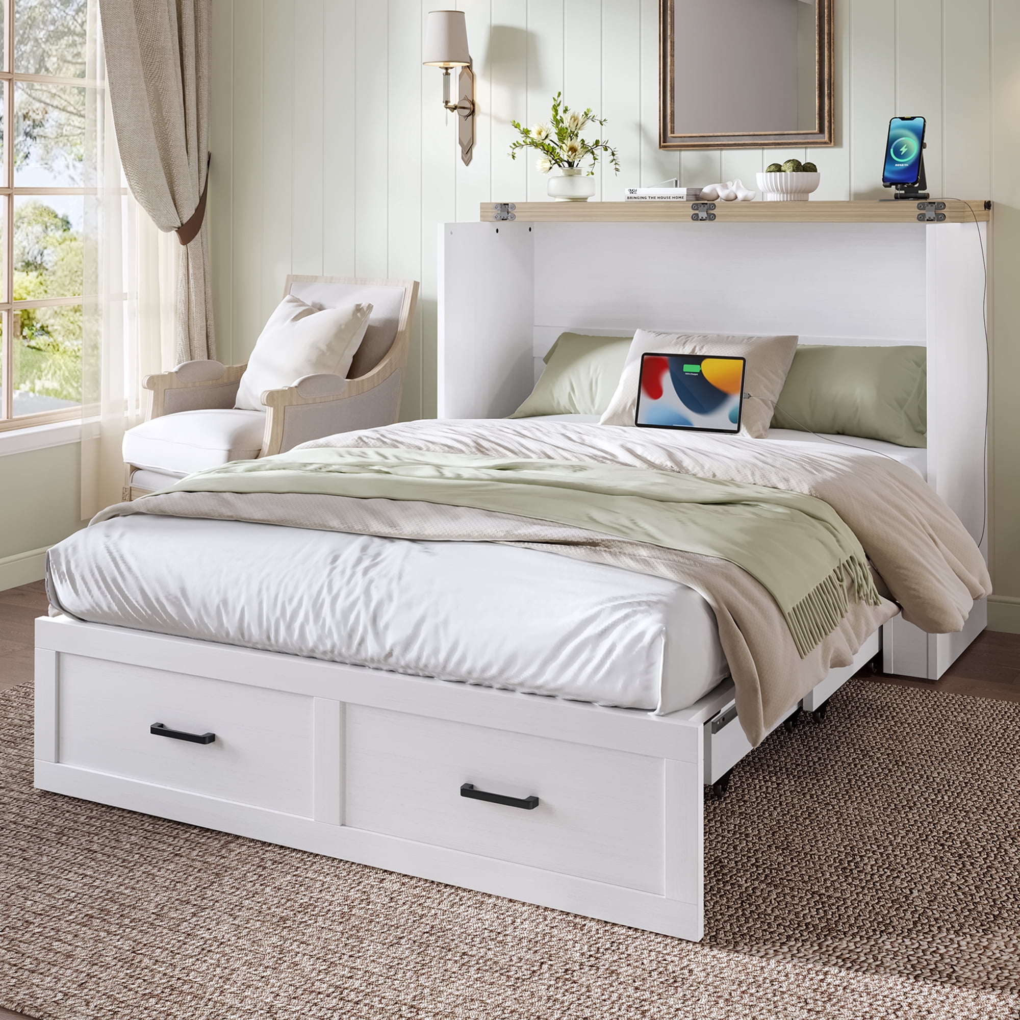 Yoneston Full Size Murphy Cabinet Bed with Storage Drawers & Charging Station, Foldable Platform Bed for Guest Room Bedroom Living Room, White