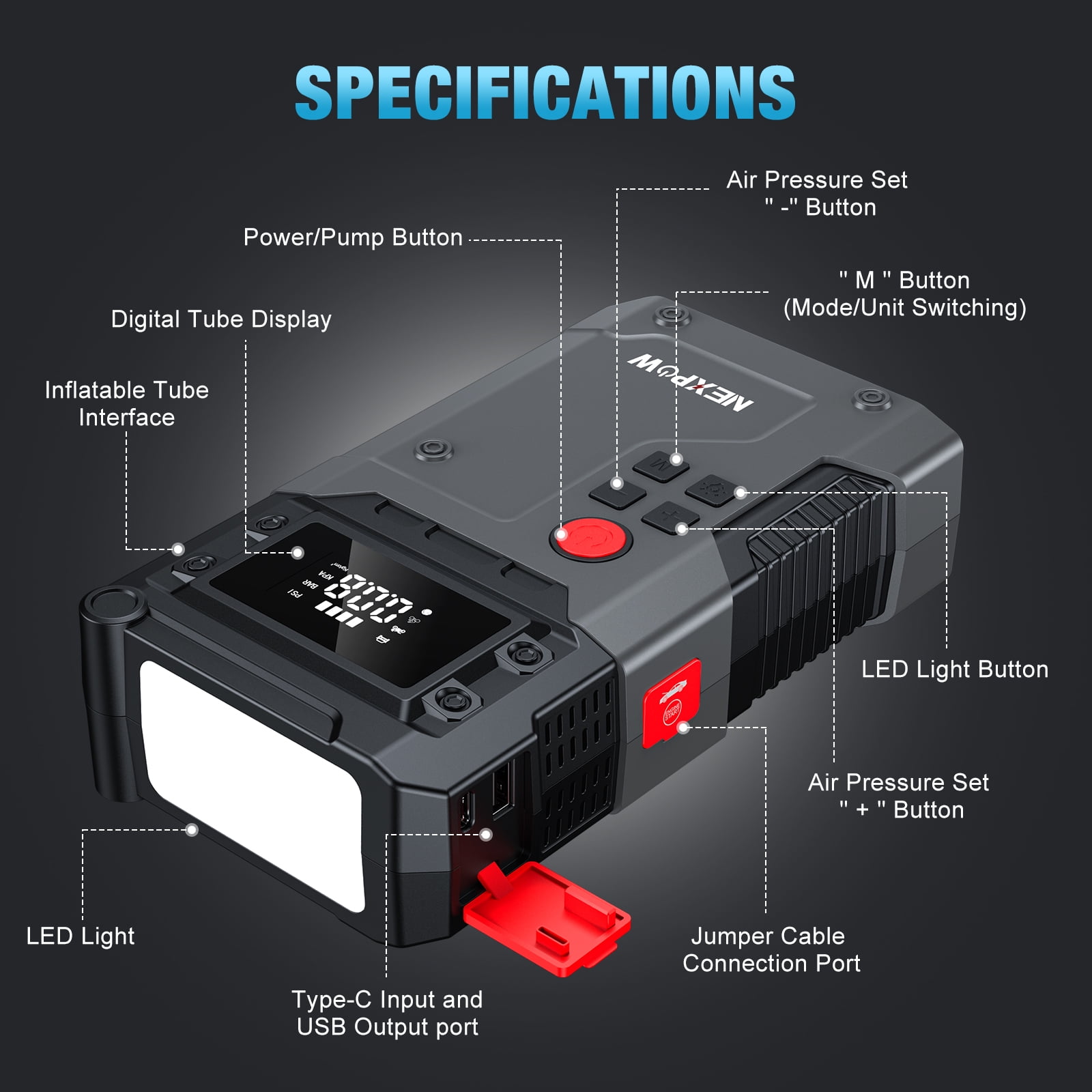 NEXPOW 3500A Car Jump Starter with Air Compressor, 12V Portable Battery Booster (9.0 Gas/8.0L Diesel) with Emengency LED Light, 150PSI Air Pump for Cars