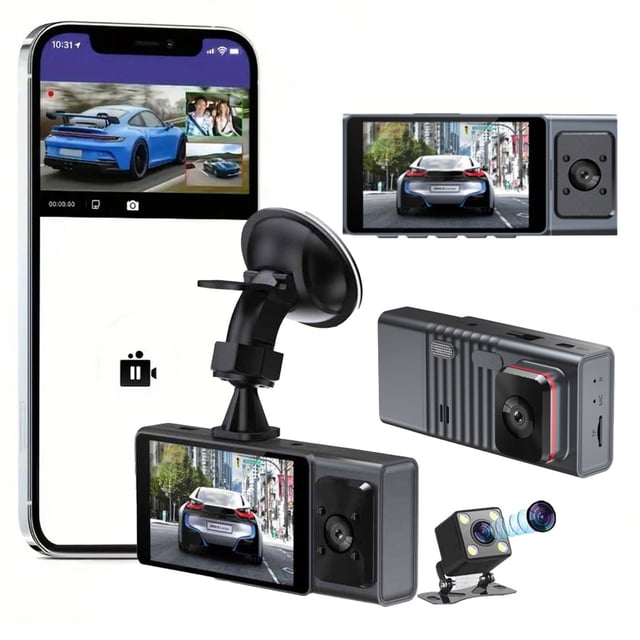 Danhjin Dash Cam 3 Channel Dash Cam Front And Rear Inside 1080P Dash Camera for Cars Dashcam Three Way Car Camera With Infrared Night Vision Loop Recording App