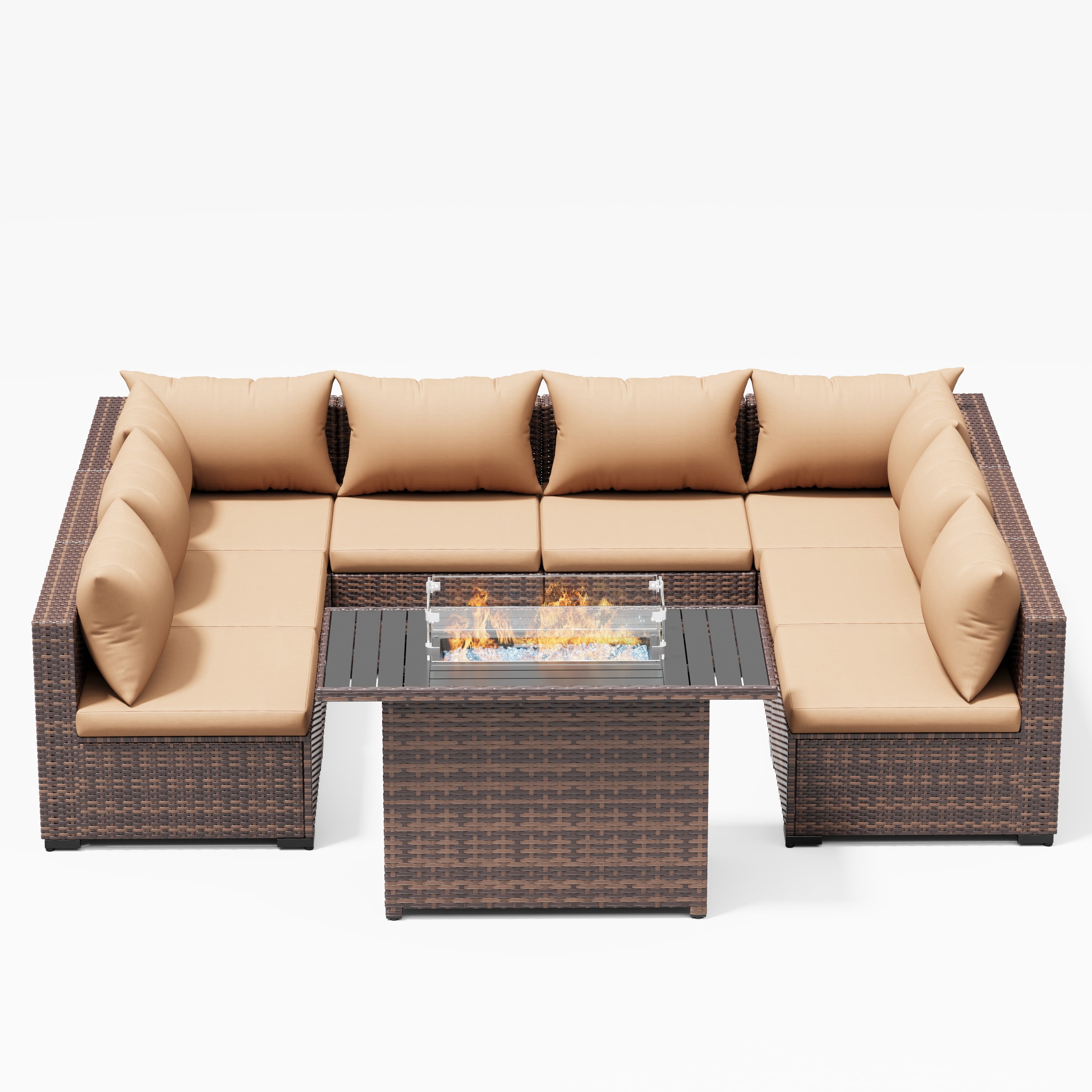ELPOSUN 9 Pieces Patio Furniture Set All Weather Outdoor Sectional Sofa, Outdoor Modern Sectional Furniture Wicker Couch with Fire Pit Table, Thicken Khaki Cushions, Water Resistant