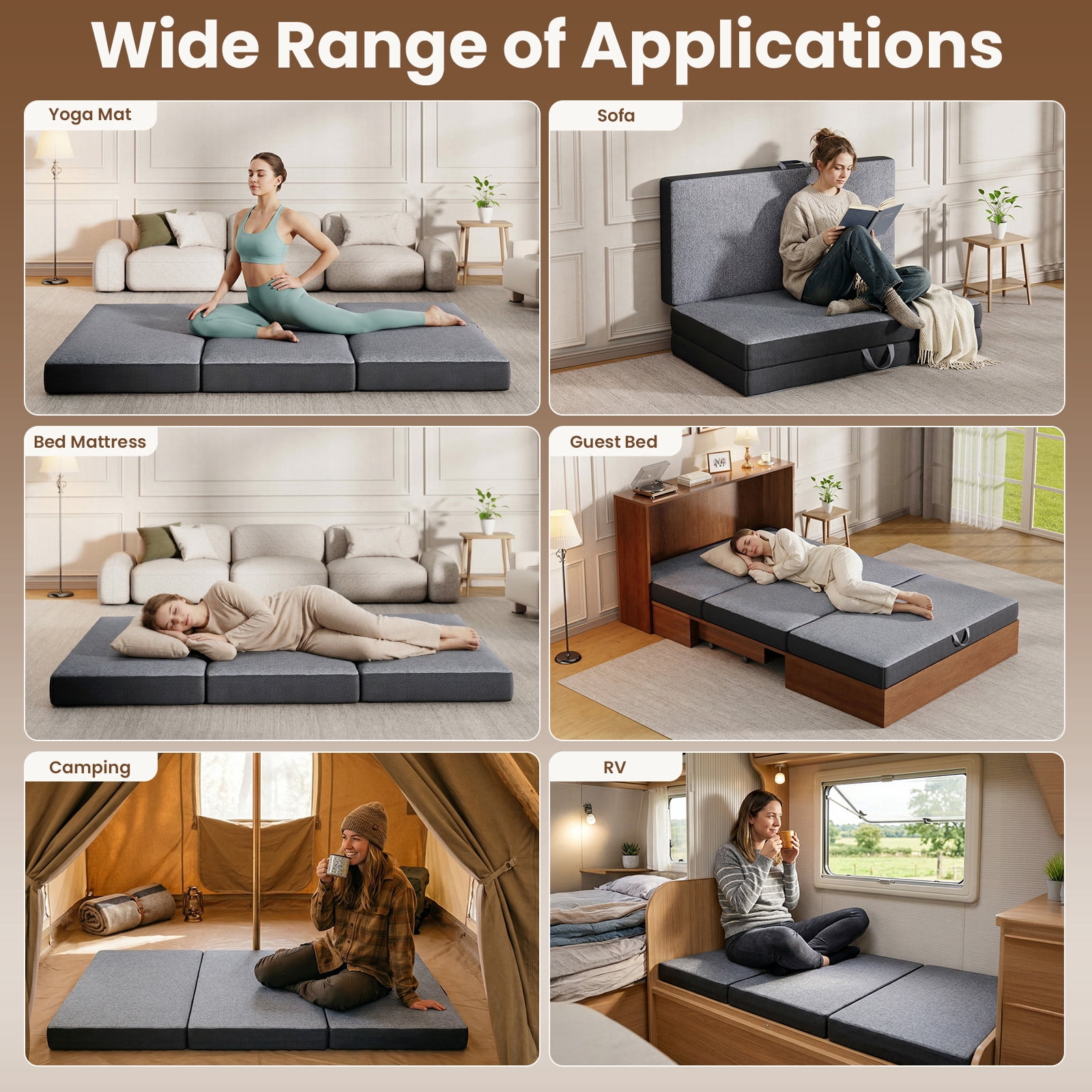 Cozylore 6 inch Tri Folding Mattress Full Size Foldable Mattress Memory Foam Mat with Washable Cover and Non-Slip Bottom Portable Floor Bed for Travel, Camping, Guest, 73" x 52" x 6"