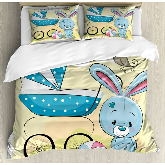 Ambesonne Gender Reveal Duvet Cover Set, Bunny, Calking, Avocado Green Blue