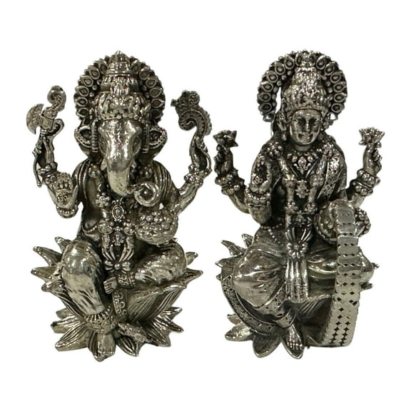925 Sterling Silver Semi Solid Antique Theme Ganesh & Lakshmi / Laxmi idol (Figurine #29)
