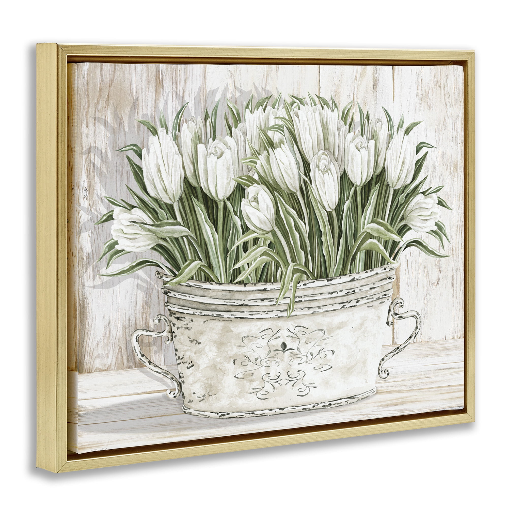 Stupell Industries Fresh White Tulip Flowers Vintage Botanical & Floral Painting Gold Floater Framed Canvas Art Print Wall Art, 31 x 25