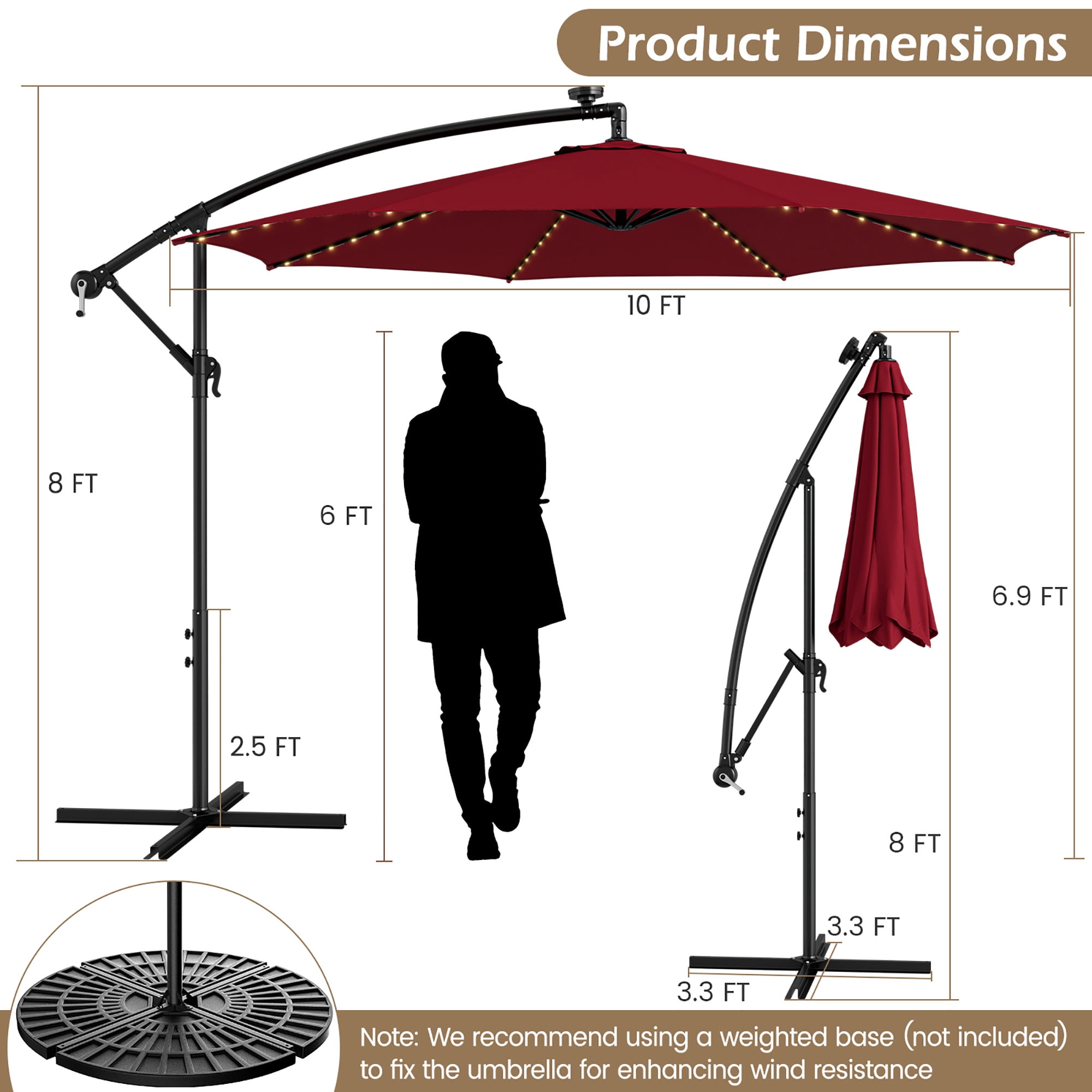 Costway 10ft Red Octagon Patio Solar-Lighted 112 LED Cantilever Offset Umbrella, Fade Resistant