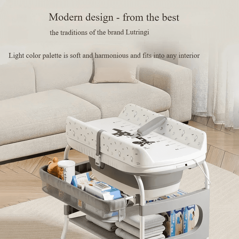 2-in-1 Baby Changing Table with Bathtub, Adjustable Height Diaper Station with Built-in Thermometer, Safety Strap & Storage Baskets, 50KG Load Nursery Organizer with Wheels for Newborns