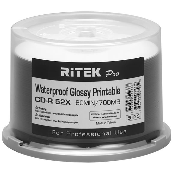50 Ritek Pro 52X CD-R 80min 700MB Waterproof Glossy White Inkjet Hub