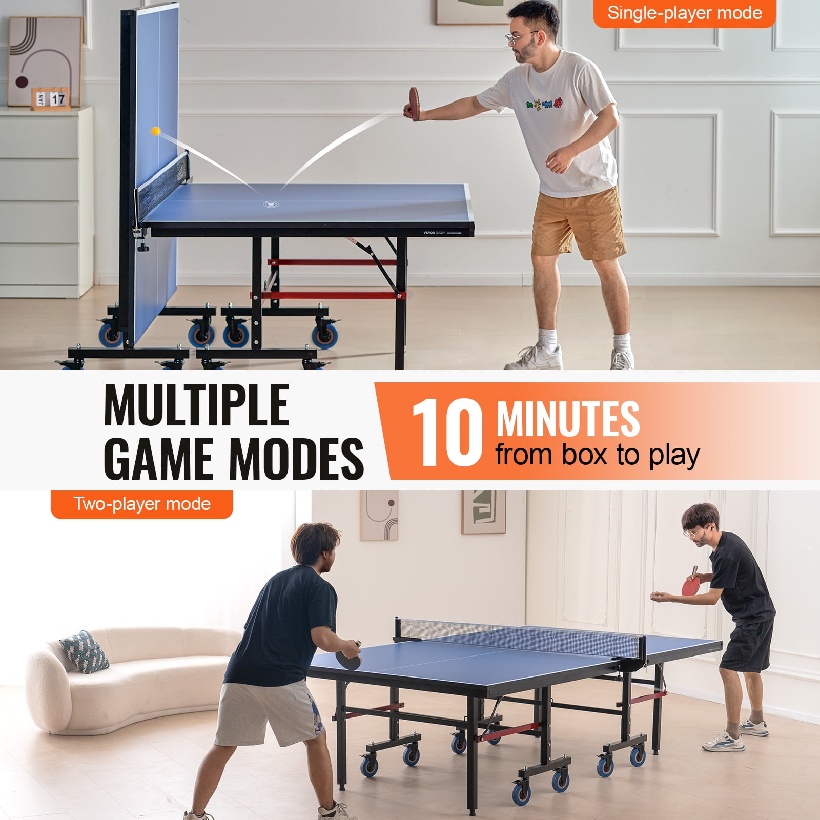 VEVOR Ping Pong Table,Professional Table Tennis Game, Indoor MDF Portable Table Tennis Table, Foldable Ping Pong Table with Quick Clamp Net and Lockable Wheel,10 Minute Easy Assembly,25mm Tabletops