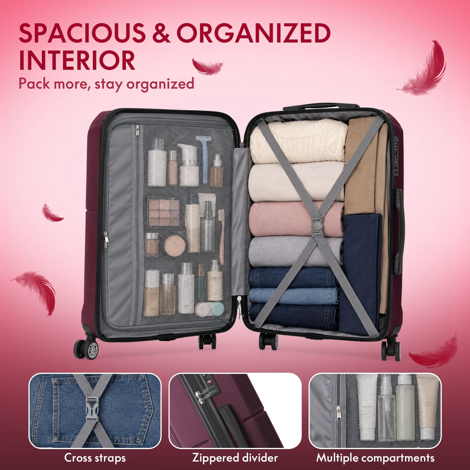 avobird 3-Piece ABS Hardshell Luggage Set – Lightweight and scratch-resistant, featuring silent 360° spinner wheels and TSA-approved locks, 20"/24"/28", Purple