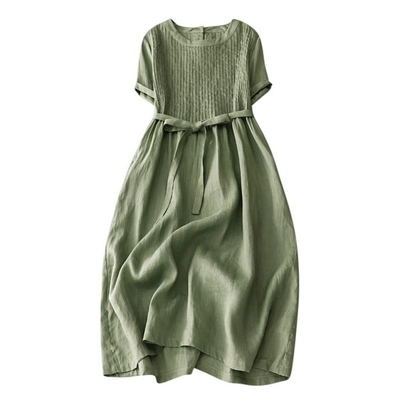 Summer Dress for Women Vintage Linen Dress Short Sleeve Round Neck Pleated Flowy Midi Dress Casual Beach Sundress