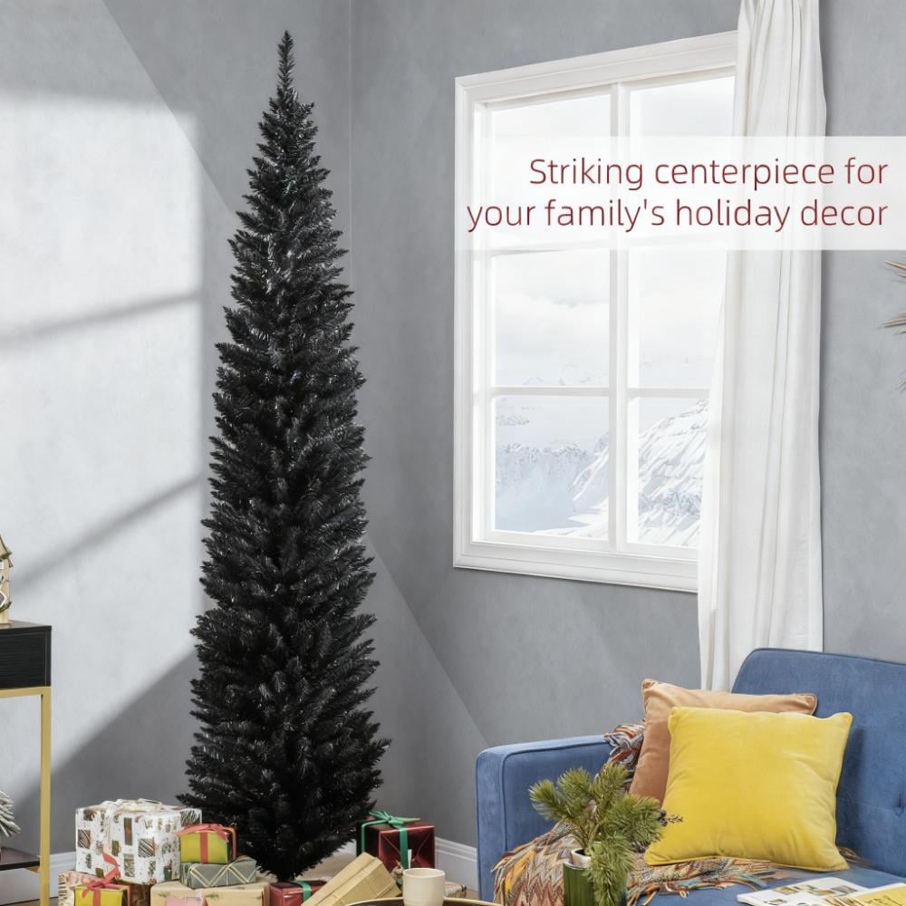 8ft Unlit Black Pencil Christmas Tree 618 Tips Easy Assembly Plastic Base Small Space Holiday Decor