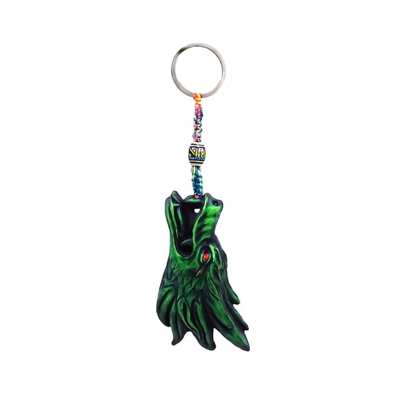 Green Dragon Head Fantasy 3D Figurine Keychain Multicolored Macramé Metal Ring - Handmade Gifts Boho Car Keys Bag Accessories
