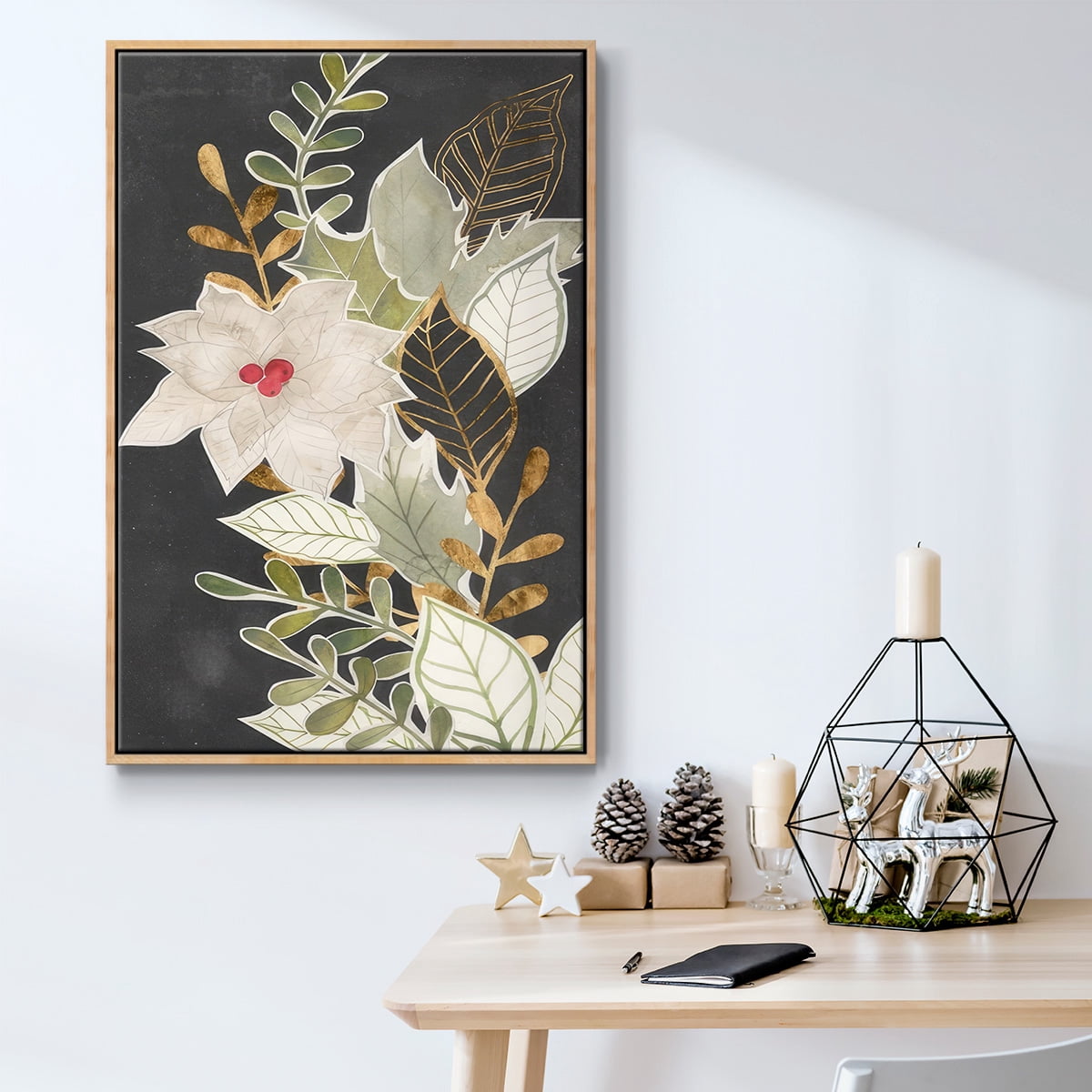 Gilded Christmas Collection B - Framed Gallery Wrapped Holiday Canvas - 27 x 41 - Natural Wood Frame