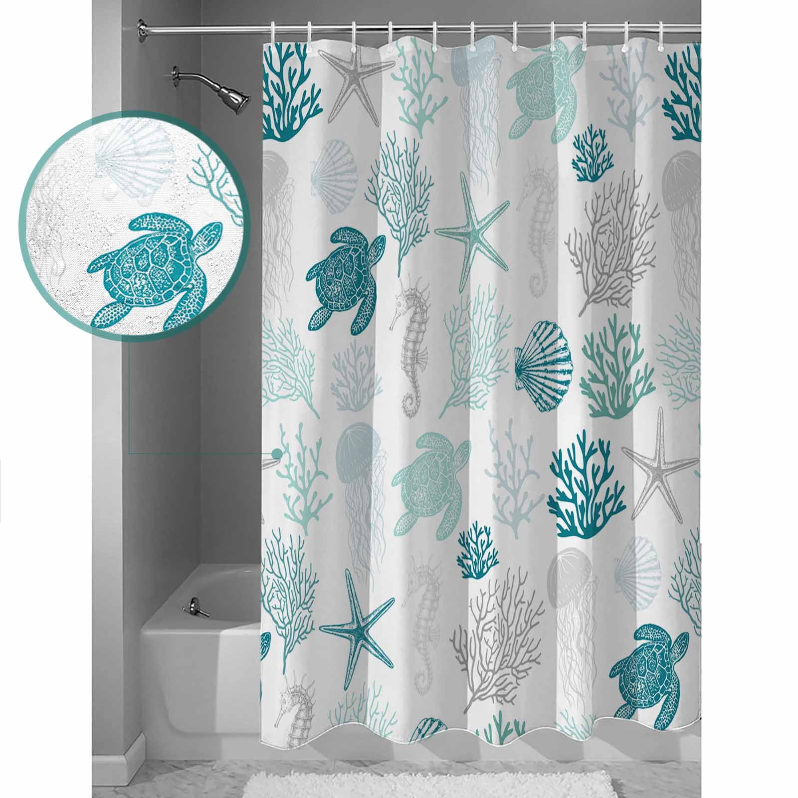 Turquoise Coastal Waterproof Fabric Shower Curtain, Nautical Summer Beach Coral Sea Turtle Shower Curtain for Bathroom Curtains Bathtubs Hotel Washable Shower Curtains with 12 Hooks Stall 48x72in