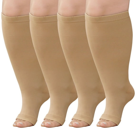 Open Toe Compression Socks Women, LOFIR Compression Socks for Women and Men - 2 Pairs of 20-30 mmHg Knee High Stockings, Plus Size Toeless Compression Socks for Women Wide Calf, Beige, 2XL