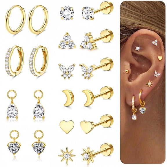 LAURITAMI Hypoallergenic Flat Back Earrings for Women, 14K Gold Plated Hoop Stud Earrings Set for Sensitive Ears Helix Tragus Cartilage Conch Earring for Multiple Piercings with Pendant