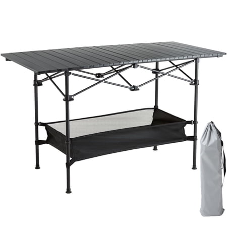 Camping Table with Carry Bag Folding Camping Table with Storage Carbon Steel Roll up Table with Adjustable Height Portable Picnic Table for Outdoor Camping Travel Backyard BBQ Patio Beach