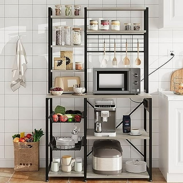Standing Bakers Rack, 70" 1 Large Bakers Rack, 7- Tier Kitchen Bakers Rack with Power Output, Microwave Stands with Hook and Storage, Microwave Bakers Rack for Kitchen
