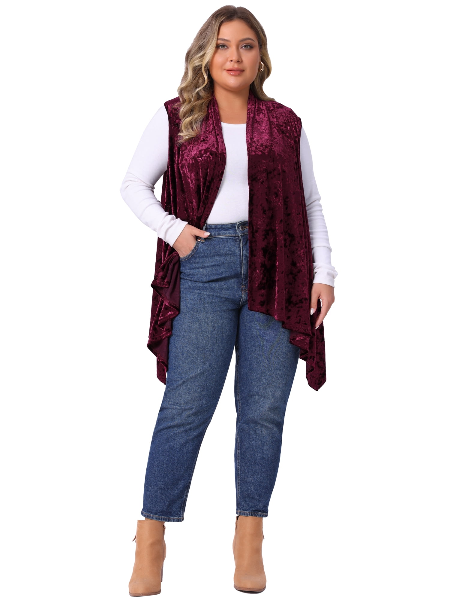 DARING DIVA Women's Plus Size Velvet High Low Hem Open Front Cardigan Vest 1X Burgundy