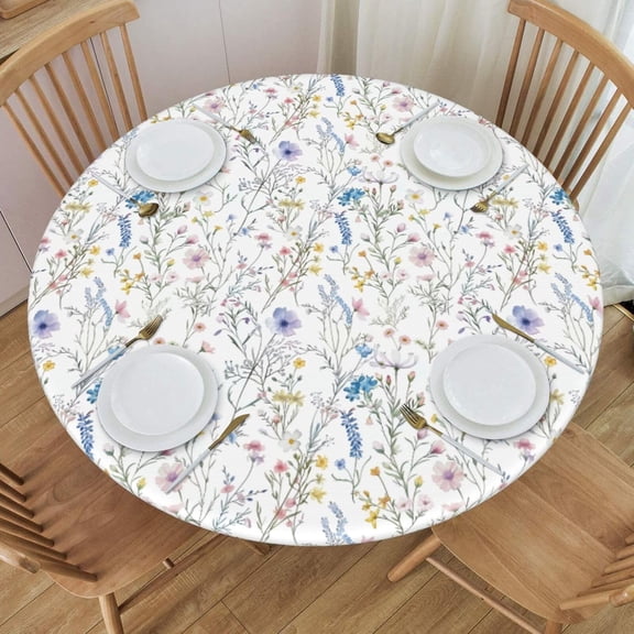 Spring Floral Round Tablecloth Blue Pink Wild Flowers Plant Print Table Cover with Elastic Edge Washable Fitted Table Cloth for Kitchen Patry Outdoor Decor Fits 36"-44", Small