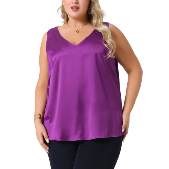 Agnes Orinda Women's Plus Size Silk Satin Tank Tops V Neck Casual Cami Sleeveless Blouses Summer Basic Camisole 2X Purple